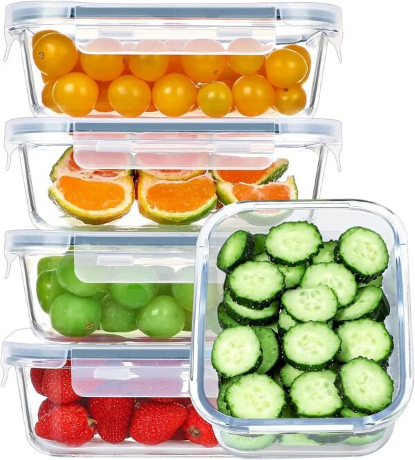 BAYZZ 35 Oz Glass Meal Prep Containers, 5 Packs Glass Food Storage Containers, Airtight Lunch Bento Boxes with Lids - Microwave, Oven, Freezer Safe