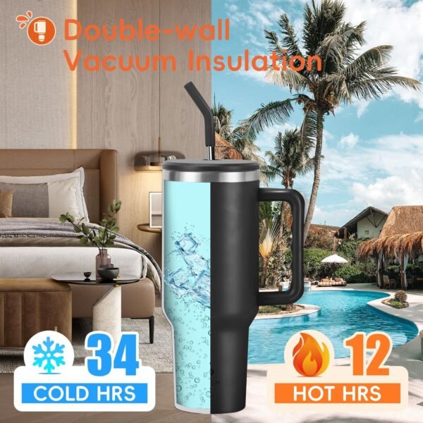 VUSIGN 40 oz Tumbler with Handle and Straw Lid, Stainless Steel Vacuum Insulated Tumbler Travel Mug Water Bottle Cup for Water Iced Tea Coffee Smoothie Car, Black - Image 2