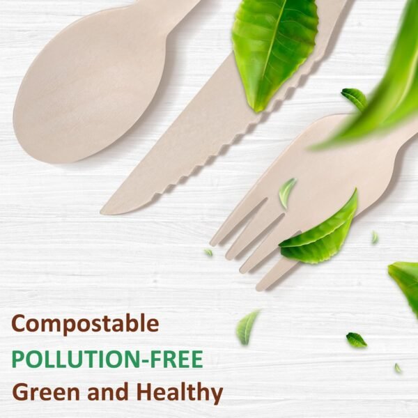 Wooden Cutlery Set - 300 Pieces (100 Wooden Spoons, 100 Forks, 100 Knives) - 100% Compostable Utensils Disposable Wooden Cutlery Spoons and Forks Set Eco Friendly Wooden Kitchen Utensil Set - Image 7