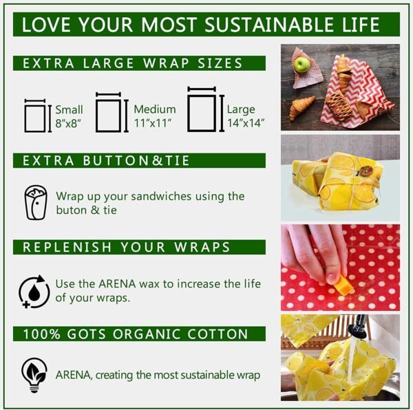 Organic Beeswax Wraps | Reusable, Eco-Friendly Food, Sandwich, Snack Wrap | Plastic Free | Premium Set of 6, 1 Large, 1 Medium, 1 Small Wrap, Button, Tie and Refresh Wax for Longer Usage - Image 6