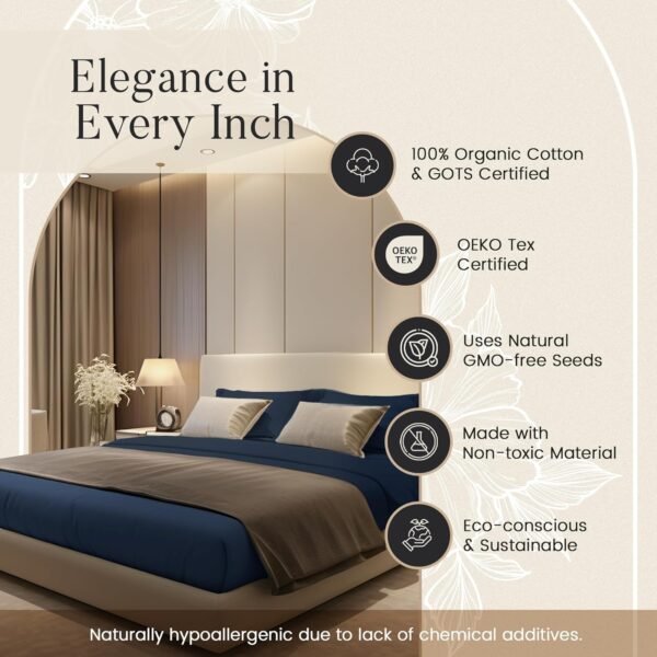 Organic Cotton Sheets Queen Size Set, 100% Organic Cotton Queen Sized Sheets, 300 TC Sateen Weave Bedsheets Queen Size Bed, 16" Deep Pocket, Soft Breathable Sheet & Pillowcase Sets - Navy - Image 6