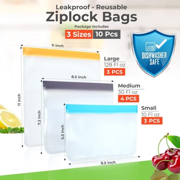10 Pack Reusable Ziplock Bags Silicone - BPA Free, Leakproof Reusable Food Storage Freezer Bags, Dishwasher Safe, 3 Gallon, 4 Sandwich, 3 Snack Bags for Lunch, Marinate & Food Travel - Image 5