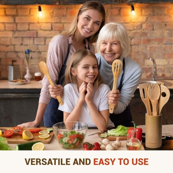 Wooden Bamboo Cooking Utensils Set - 8pcs Kitchen Utensil Set with Holder - Wooden Spoons for Cooking & Nonstick Cookware - Easy to Clean - Great Gift for Friends & Family - Image 3