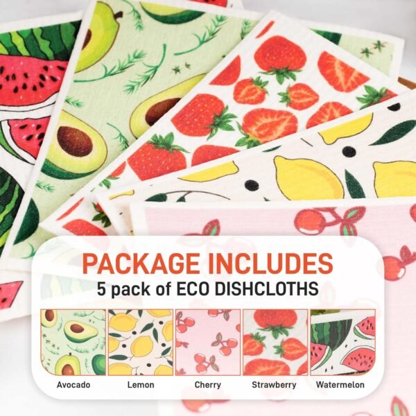 5 Pack Natural Highly Absorbent Eco Friendly Sustainable Biodegradable Swedish Dishcloth Sponge Reusable Paper Towels. Assorted Fruit Designs are NOT Edible! - Image 5