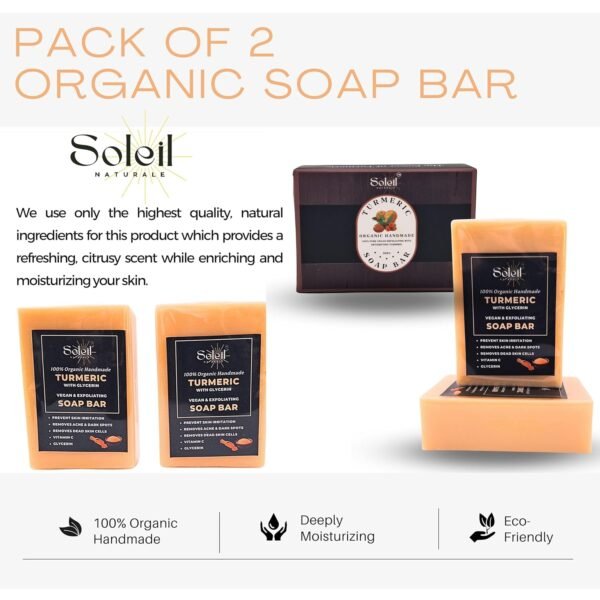 Pack of 2 - Organic Turmeric Face and Body Soap Bar, Vitamin C, Palm Oil, Olive Oil, Turmeric Oil, Turmeric Powder, with 1 Bamboo Wooden Soap Dish Tray - Birthday, Housewarming, Wedding Gift - Image 3