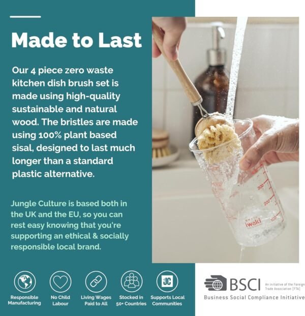 Jungle Culture 4 Piece Bamboo Dish Brush Set for Washing Up • Long Lasting Wooden Dish Brush with 3 Replacement Heads & Loofah Sponge Scourer • Eco Friendly Wooden Scrub Brush for Pots, Pans & Dishes - Image 3