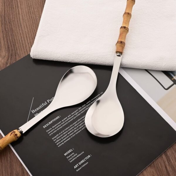 Natural Bamboo Handle Serving Spoons Set of 6, Large Size Stainless Steel Dinner Buffet Catering Banquet Serving Spoons, 10.0" Silver Big Ladle Tablespoons for Home, Family Serving Utensils - Image 4