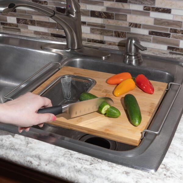 Cutting Board with Strainer - 2 in 1 Adjustable Bamboo Chopping Board with Removable Stainless Steel Colander for Over the Sink by Classic Cuisine - Image 2