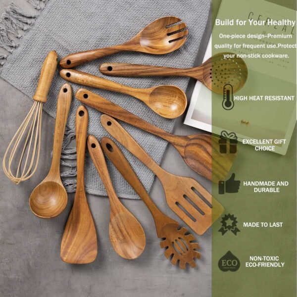 10 Pack Wooden Spoons for Cooking, Teak Wood Kitchen Utensils Set for Non Stick Use, Spatula Set for Stirring, Baking, Non Stick Wooden Utensils for Kitchen - Image 2