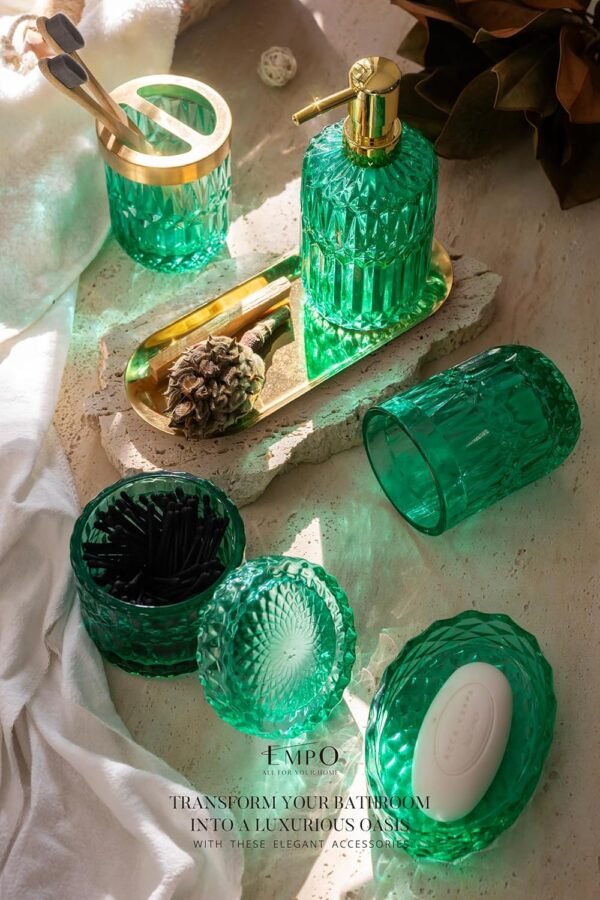 EMPO 6PCS Bathroom Clear Glass Accessories Set (Lotion Soap Dispenser, Soap Dish, Toothbrush Holder, Tumbler, Cotton Swab Jar), Contemporary Modern Decor Crystal Vintage Gift (6pcs Vintage Jade) - Image 2