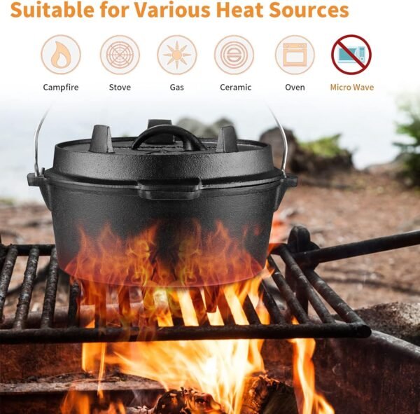 Camping Dutch Oven, 9 Qt Pre-Seasoned Camping Cookware Pot With Lid - Lid Lifter, Cast Iron Deep Pot with Metal Handle for Camping Cooking BBQ Baking Campfire Modern Black - Image 3