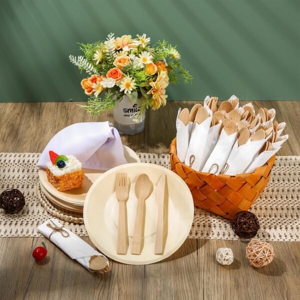 Layhit 50 Set Pre Rolled Napkin and Bamboo Cutlery Set, Forks Knives Spoons Plates Napkins for Party, Banquet, Outdoor Wedding, Dinner, Home, Festival, Baby Shower Supply - Image 4