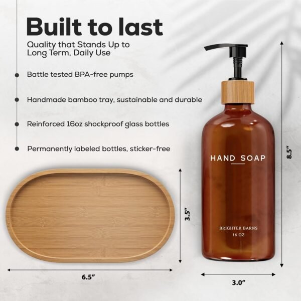 Amber Glass Soap and Lotion Dispenser Set with Tray by Brighter Barns - Hand Soap Dispenser Bathroom Set - Liquid Hand Soap Dispenser and Pump - Bamboo Home Accessories & Modern Bathroom Decor - Image 3