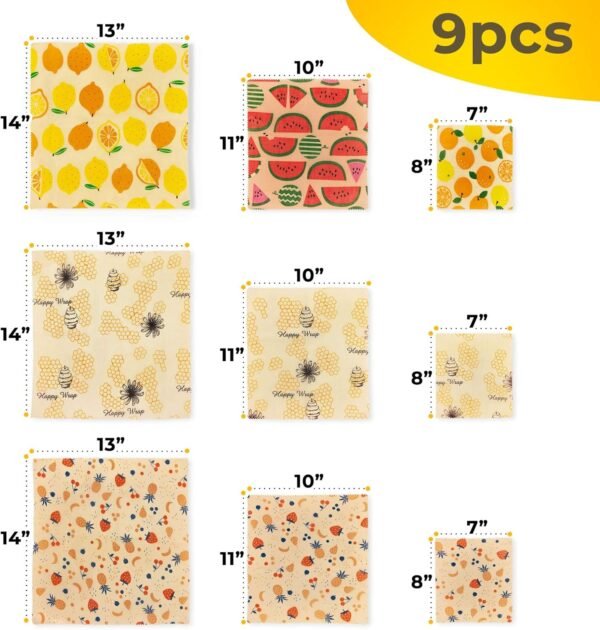 Reusable Beeswax Food Wraps Set – 9 Pcs Assorted Sustainable Beeswax Wrap, Washable Wax Wrapping, Bread Sandwich Storage Wax Covers (3 Each for Small, Medium, and Large) - Image 2
