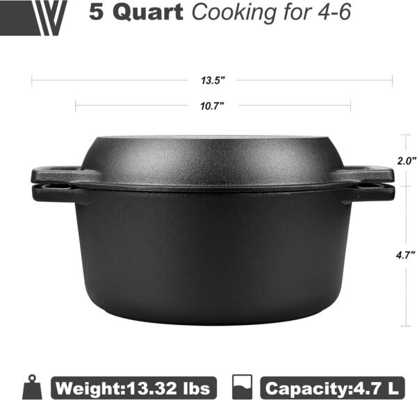 Pre-seasoned Cast Iron Double Dutch Oven Pot with Skillet Lid, Dual-handle, for Bread Baking, Outdoor, Campfire Cooking, 5 Quart - Image 3