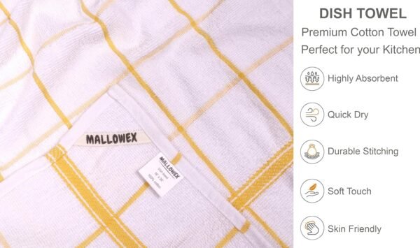 Terry Kitchen Towels Set of 4 White Checks | Dish Towels 16 x 26 Inches | Super Soft and Absorbent |100% Cotton Dish Rags for Drying Dishes | Quick Drying Kitchen Hand Towels | Yellow - Image 3