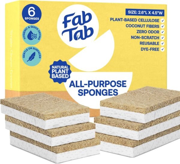 Coconut Fiber Kitchen Sponges - Pack of 6 Cellulose and Coconut Scrubber Sponges - Dish Cleaning Sponges | Plastic-Free | Planet-Friendly| Odor Free