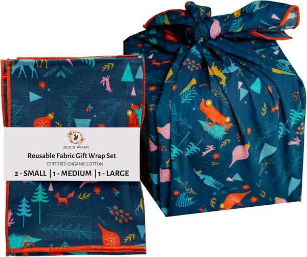 Bee's Wrap Reusable Organic Cotton Fabric Wrapping Paper, Made in the USA, Eco Friendly Furoshiki Gift Wrap, Set of 4 Fabric Wraps, Winter Wonderland