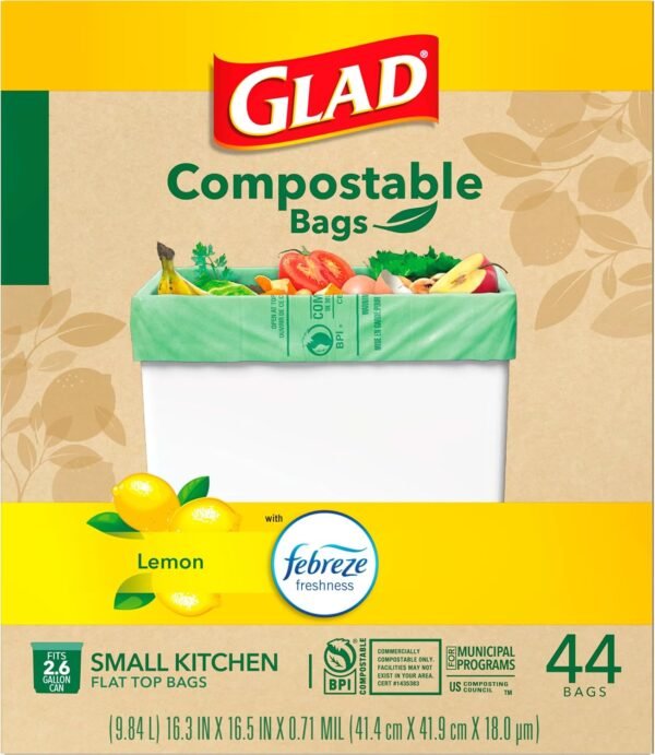 Glad Trash Bags, Kitchen Compost Bags 2.6 Gallon Garbage Bags, 100% Compostable Bag, Febreze Lemon, 44 Count (Package May Vary), Light Yellow - Image 8