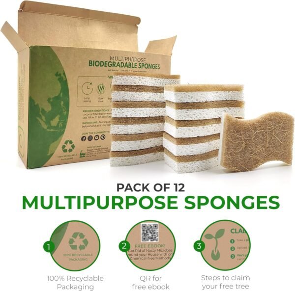 Natural Kitchen Sponge - Biodegradable Compostable Cellulose and Coconut Scrubber Sponge - Pack of 12 Eco Friendly Sponges for Dishes - Image 4