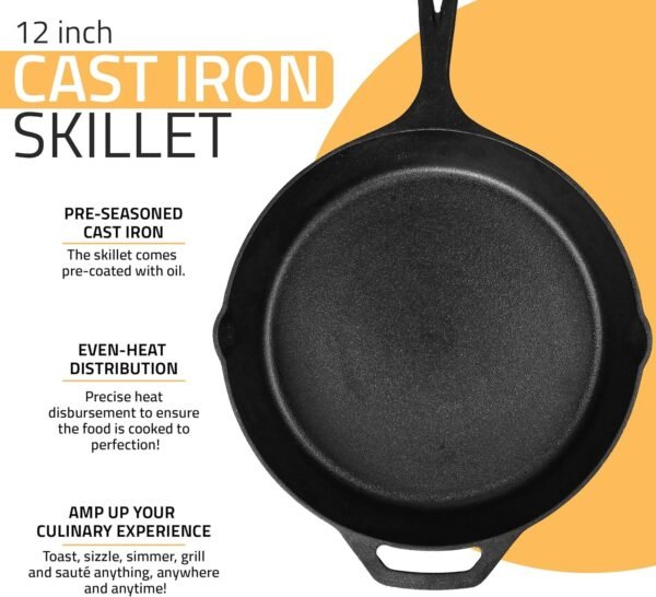 Utopia Kitchen Saute Fry Pan - Chefs Pan, Pre-Seasoned Cast Iron Skillet - Frying Pan 12 Inch - Safe Grill Cookware for Indoor & Outdoor Use - Cast Iron Pan (Black) - Image 4