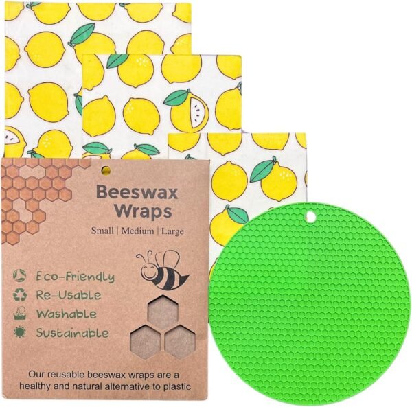 Beeswax Wraps for Food - Pack of 3 Food Wraps (S, M, L) with Green Versatile Mat | Biodegradable Bees Wax Wraps Reusable and Washable | Eco-Friendly & Plastic-Free Food Storage Beeswax Paper