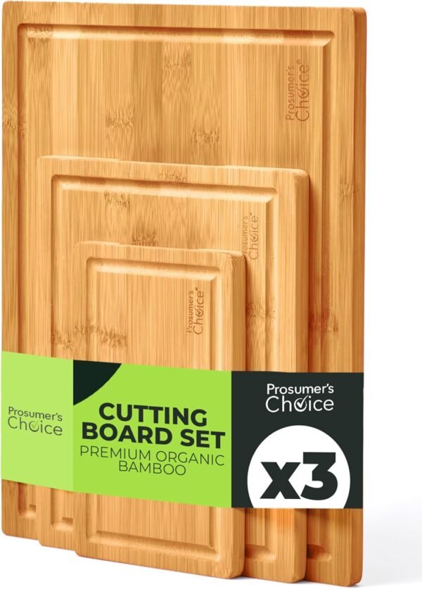 Prosumers Choice Bamboo Cutting Board Set - Chopping Boards for Kitchen Meal Prep - Set of 3 - Built-In Side Handles, Serving Tray, Cheese Platter - Meat Cutting Boards