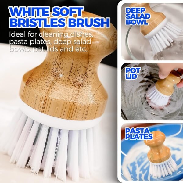 Holikme 3 Pack Dish Brushes Palm Brush Dish Scrubber Bamboo Round Natural Scrub Brush Cleaning Kit for Cleaning Saucepans, Pots, Pans and Vegetables, White & Yellow & Black - Image 2