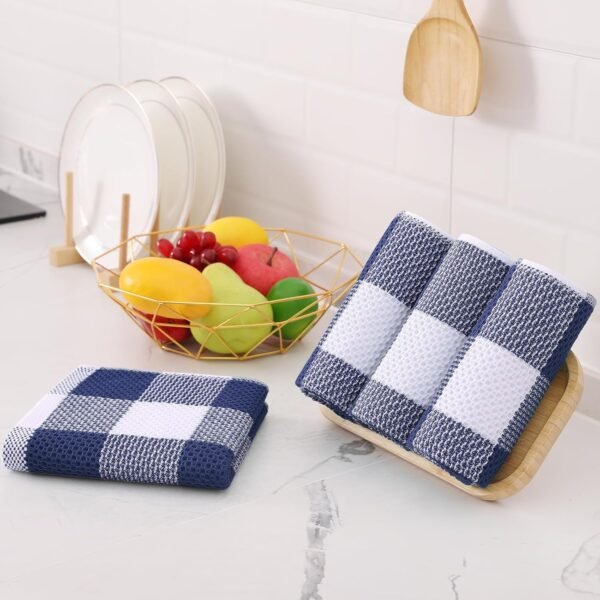 Homaxy Kitchen Towels and Dishcloths Set, 12 x 12 and 13 x 28 Inches, Set of 12 Bulk Cotton Waffle Weave Check Plaid Kitchen Towels, Super Soft and Absorbent Dish Towels, White & Navy Blue - Image 8