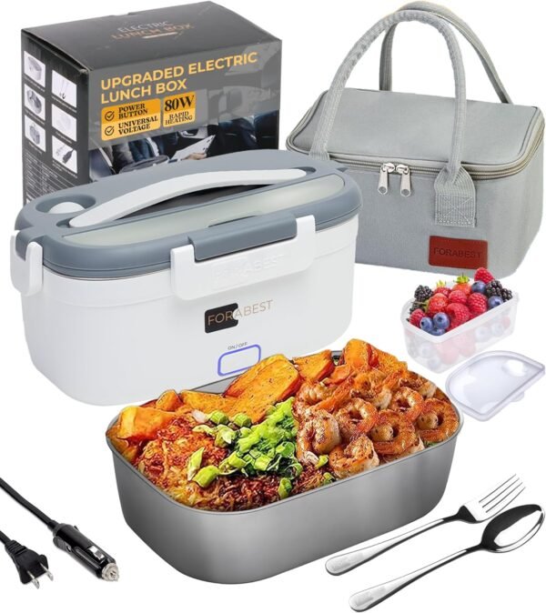 FORABEST Upgraded Electric Lunch Box for Adults, Durable Leakproof Design with Power Button & Large Utensils, 80W Fast Heated Lunch Box, 12/24/110/220V Portable Food Warmer with Premium Carry Bag