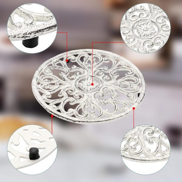 Sumnacon 2 Pcs Cast Iron Trivet 6.7 Inch Iron Trivet for Hot Dish Pot Pan Plate Teapot,Heat Resistant Cast Iron Trivet for Kitchen Dining Table Cooktop Stove,Retro White Round Trivet with Rubber Feets - Image 4