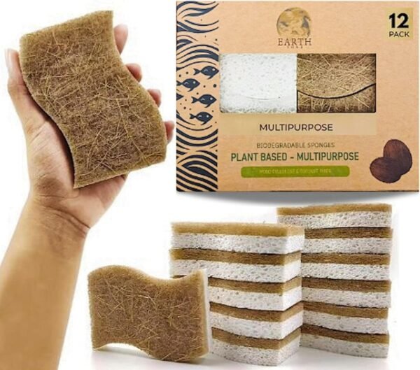 Earth Tone Compostable Sponge 12 Pack | Heavy Duty, Non-Scratch, Biodegradable, Natural Kitchen Sponges for Dish Washing | Plant-Based Walnut Scrubber
