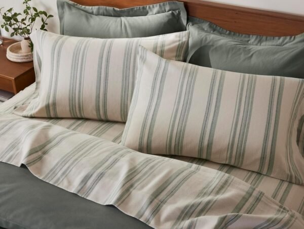 Coyuchi Cloud Brushed Organic Flannel Sheet Set, Juniper Herringbone Stripe (Queen) - Image 2