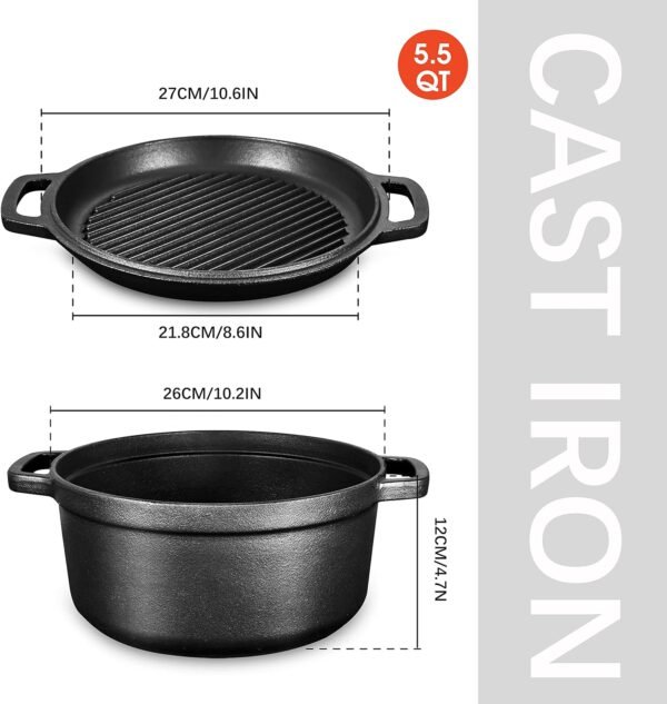 Pre-Seasoned Cast Iron 2-In-1 Heavy-Duty 5.5qt Dutch Oven With Skillet Lid Set, Oven,Grill, Stove Top, BBQ and Induction Safe - Image 4