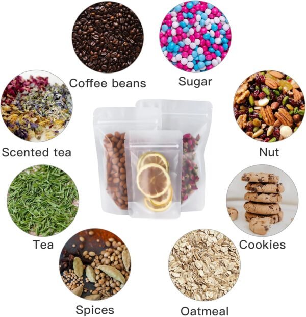 FireKylin 100 Pcs Resealable Bags,4.3" x 6.7"Matte Stand Up Food Bags,Zip Lock Food Storage Bags for Packaging Products,Herbs,Snack,Tea,Spices,Pet Food and Soaps - Image 5