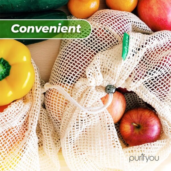 purifyou Premium Organic Cotton Storage Produce Bags - (Set of 9) 2x Extra Large, 5x Large, 2x Small Reusable Mesh Produce Bags, Raw & Unbleached, for Vegetable, Fruit, Food, Snack, Storage - Image 4