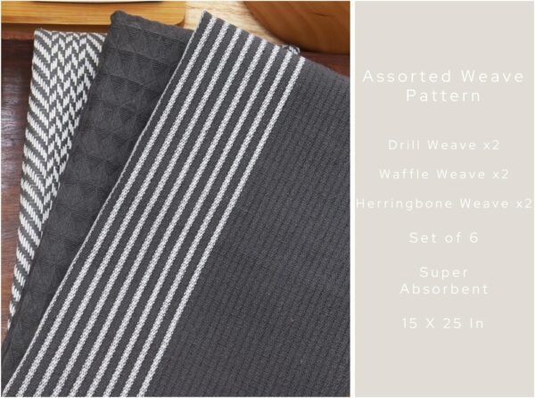 PurpleEssences Kitchen Towels Set Pack of 6-15x25 Inches, 100% Cotton Waffle Weave & Flat Dish Towels for Drying Dishes Hand Highly Absorbent Bar, Tea Towels Set with Hanging Loop - Dark Gray - Image 2