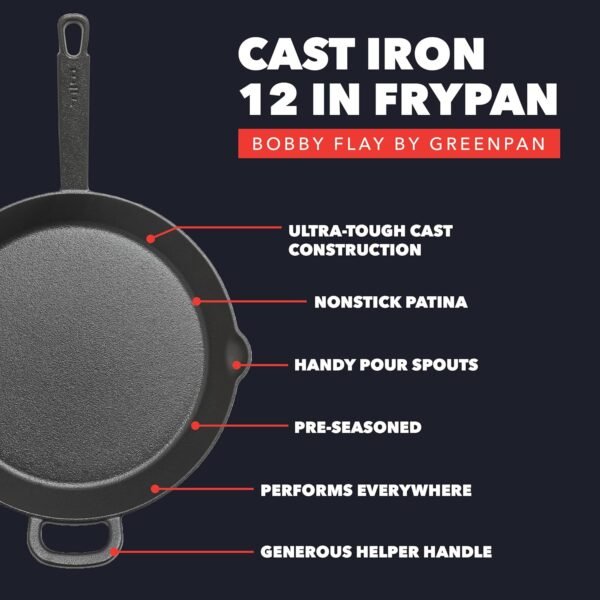 GreenPan x Bobby Flay 12” Cast Iron Pre-Seasoned Skillet with Helper Handle, Professional Grade Heavy Duty, Induction Suitable, Versatile Stovetop, Oven, BBQ, Fire & Grill, Indoor/Outdoor Use, Black - Image 4