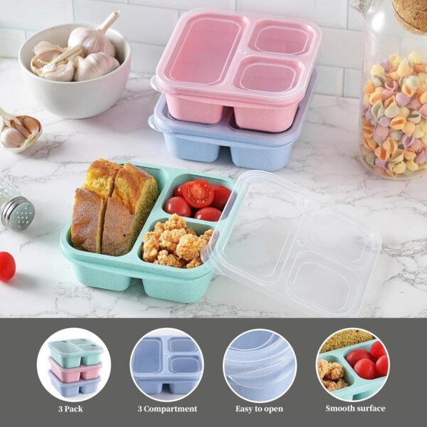 3PCS Snack Containers, Stackable Snack Box Container with 3 Compartments, Lunch Containers & Bento Box for Kids and Adults (3Pack, 3Colors) - Image 3