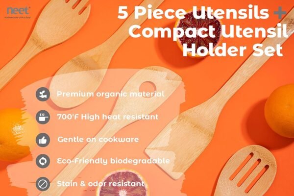 Neet Wooden Spoons For Cooking 6 Piece Organic Bamboo Utensil Set With Holder Wood Kitchen Utensils Spatula Spoon For High Heat Stirring In Nonstick Pots & Pans Quality Gift & Everyday Use - Image 4