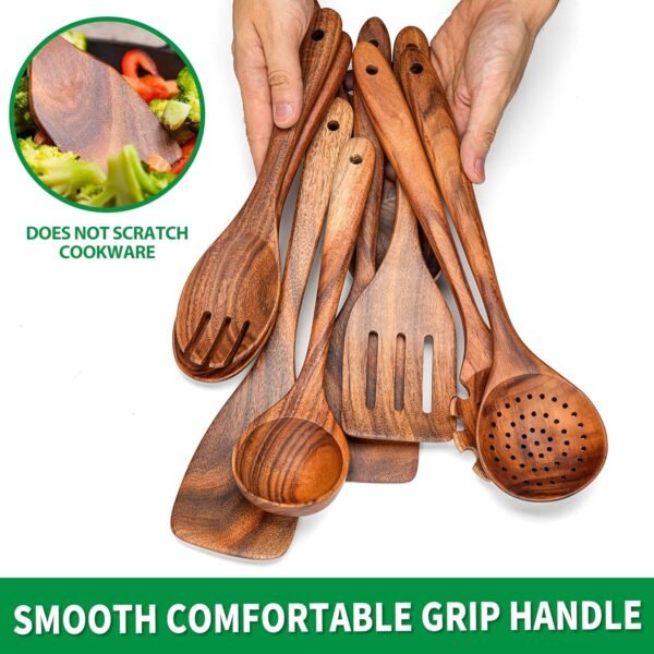 Wooden Spoons for Cooking, Acacia Wood Cooking Utensils Set – 11 Piece Wooden Kitchen Tools with Holder, Spoon Rest, Nonstick Cookware Safe by HOWHONG - Image 4