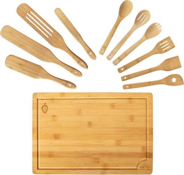 Bamboo Kitchen Utensils and Wooden Spurtle Set with Bamboo Cutting Board! 11pc Gift Pack. 1x Wood Chopping Board, 4x Bamboo Spurtles, 6x Bamboo Utensils Set. 15x10" Large Cutting Board Set SOL LIBRA