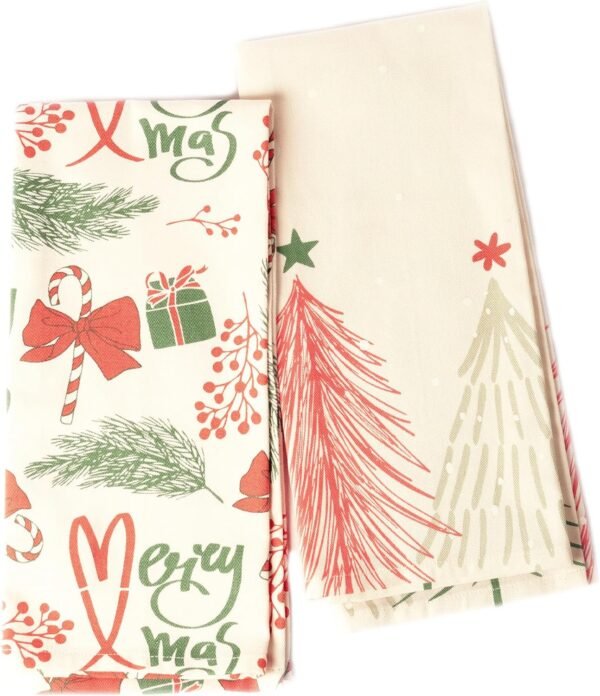 The Fine Living Co. 100% Cotton, Merry Christmas Printed Kitchen Towels, Dish Towels for Drying Dishes, Kitchen Hand Towels, Tea Towels, Dish Towels for Kitchen Set of 2, 18”x28” (Cherry Red & Green)