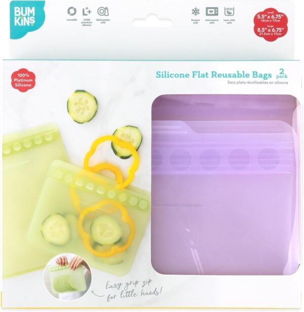 Bumkins Silicone Reusable Sandwich and Snack Bags, Storage, Food Prep, Lunch Bag, Washable Zip Bag, Microwave, Freezer and Dishwasher Safe, Travel, Leak Resistant, Sticky Lining Locks Out Air (Purple) - Image 7