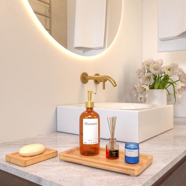 Bamboo Bathroom Accessories Set 2pcs - Wooden Bar Soap Dish Holder and Bamboo Tray for Bathroom, Kitchen Countertop, Shower, Neutral Kitchen Sink Dish Soap Tray, 9 inch, Natural - Image 2