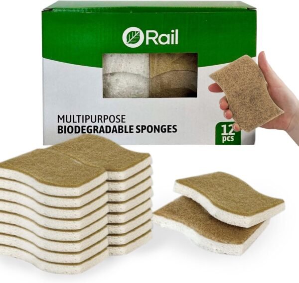 Rail Natural Kitchen Sponges - Effortless Scrub and Plant Based - Pack of 12 Biodegradable Wood Pulp Cleaning Sponges