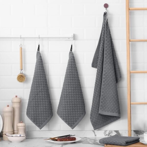 Fintale 100% Cotton Kitchen Towels and Dishcloths Set, 12 x 12 & 15 x 25 Inches, Set of 8 Bulk Super Soft and Absorbent Terry Cloth Dish Towels, Quick Drying Hand Towels with Hanging Loop, Dark Grey - Image 6