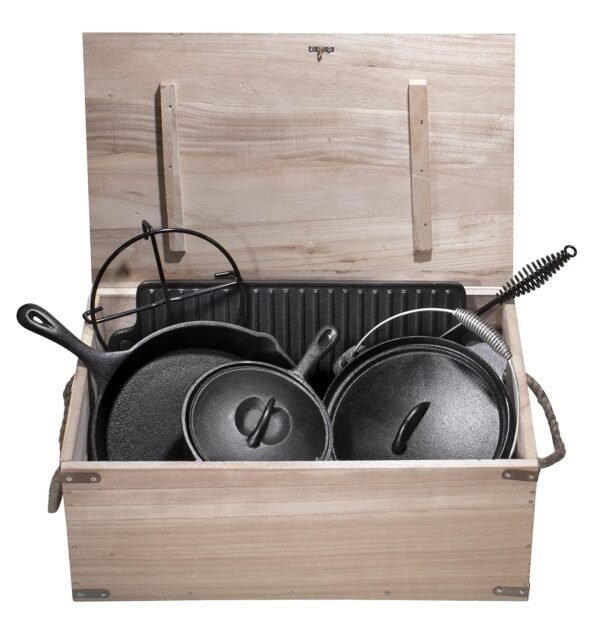 Bruntmor Camping Cooking Set Of 7. Pre Seasoned Cast Iron Pots And Pans Dutch Oven With Lids For Outdoor Comefire. Grill Cookware Skillet Sets With Storage Box - Image 5