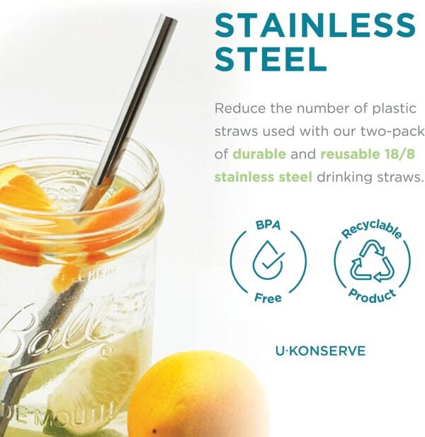 U-Konserve Stainless Steel Straws 8.5" (Set of 2) - Metal Straws - Reusable Drinking Straws - Dishwasher Safe - Eco Friendly, Plastic Free and BPA Free - Image 2