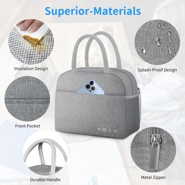 Lunch Bag Lunch Box for Women Men Reusable Insulated Lunch Tote Bag, Food Handbags Case High Capacity for Travel Work Picnic,GREY - Image 3